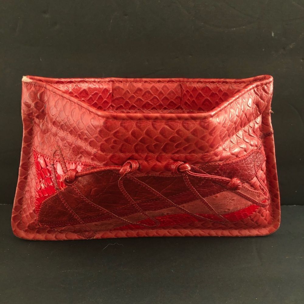 Vintage red holiday Carlos Falchi patch skins mini clutch bag pouch